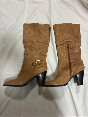 Guess Tan Mid-Calf Leather Heeled Boots with Buckle
